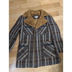 Vtg 70s Plaid Coat Womens Faux Suede Brown Retro Bratz Tommy Y2K Fur Chore L